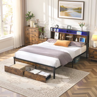 Sunvega Full Size Metal Platform Bed Frame with Wooden Headboard and Footboard