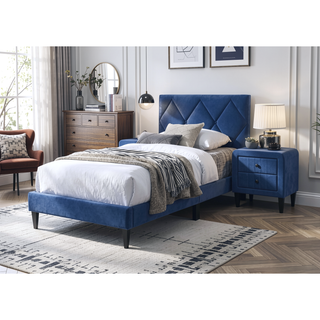 Sunvega Navy Blue Velvet Upholstered Twin Size Bed with Tufted Headboard