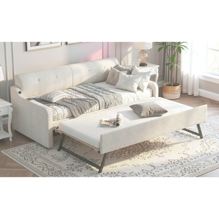 Sunvega Beige Upholstered Twin Daybed with Trundle and USB Charging Design