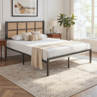 Sunvega White Faux Cane Panel Headboard King Platform Bed with Metal Frame