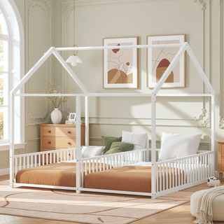 Sunvega Sturdy Metal Twin Size House Platform Beds with Guardrails