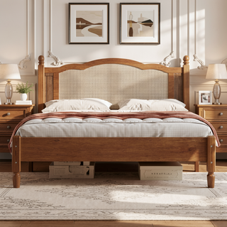 Sunvega Queen Size Wooden Platform Bed with Natural Rattan Headboard and Wooden Slat Support