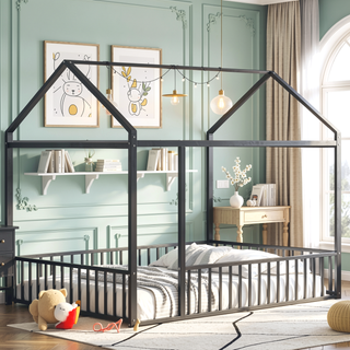 Sunvega Full Size Playhouse Metal Bed Frame with Fence for Kids and Teens