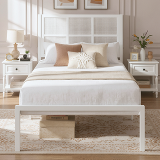 Sunvega White Faux Cane Panel Headboard King Platform Bed with Metal Frame