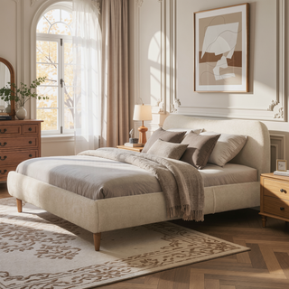 Sunvega King Upholstered Platform Bed with Curved Headboard in Oatmeal Chenille