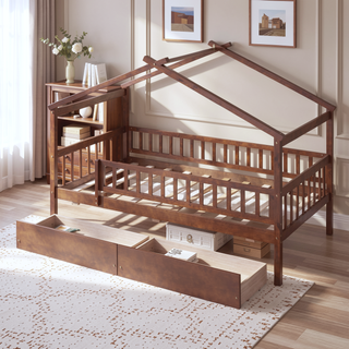 Sunvega Twin Size Wooden House Bed with Two Drawers and Headboard in White