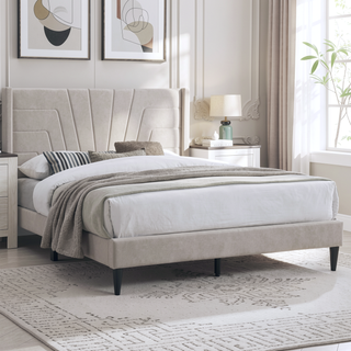 Sunvega Light Brown Queen Size Upholstered Burlap Fabric Headboard Platform Bed