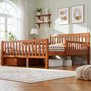 Sunvega Twin Size Walnut Wood Platform Bed with Guardrails and Two Storage Drawers