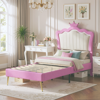 Sunvega Twin Size Princess Bed Frame with Crown Headboard and LED Lights