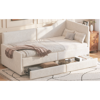 Sunvega L-Shaped Semi-Enclosed Upholstered Corduroy Daybed Frame with 2 Storage Drawers