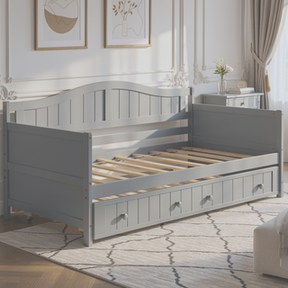 Sunvega Twin Wooden Daybed with Trundle Sofa Bed for Bedroom Living Room Gray