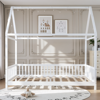 Sunvega White House Shaped Full Size Bed with Guardrail and LED Lights