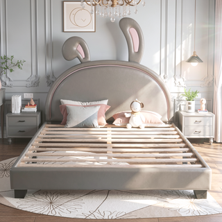 Sunvega Full Size Upholstered Leather Platform Bed with Rabbit Ornament and High Load Capacity