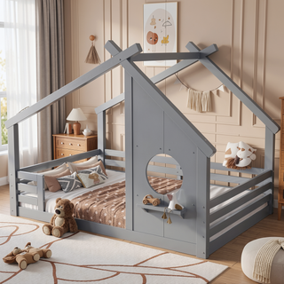 Sunvega White Twin House Floor Bed with Window and Shelf for Kids Room