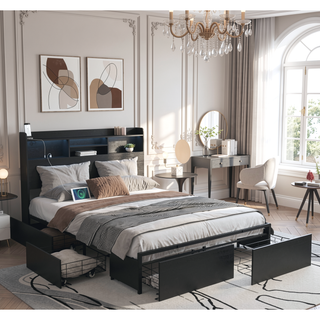 Sunvega Queen Storage Bed Frame with Headboard Charging Station and 4 Drawers