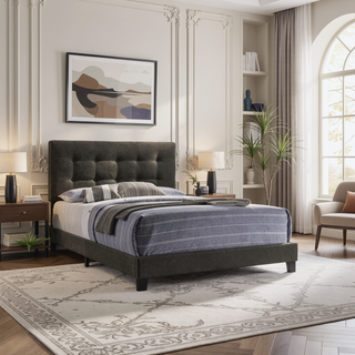 Sunvega Tufted Queen Panel Bed with Low Platform for Modern Bedroom Decor