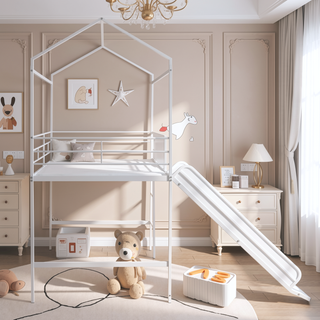 Sunvega Twin Size Metal Loft Bed with Slide and Two-Sided Writable Wooden Board