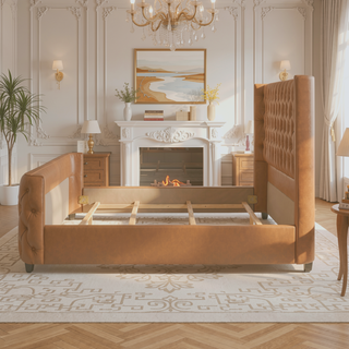 Sunvega Brooklyn King Tufted Panel Bed Headboard and Footboard Set in Caramel Tan Brown