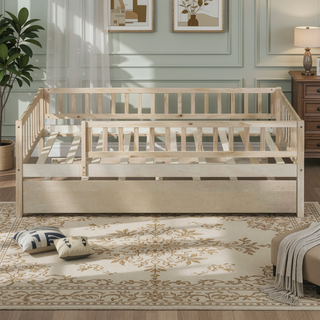 Sunvega Natural Twin Size Wood Daybed with Trundle and Fence Guardrails
