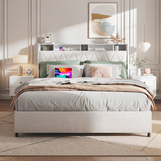 Sunvega Queen Bed Frame with Ergonomic Headboard Outlets Charger LED Light Storage