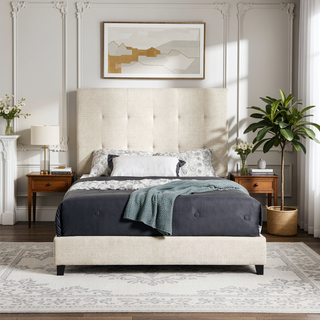 Sunvega Beige Upholstered Queen Size Platform Bed with Padded Headboard