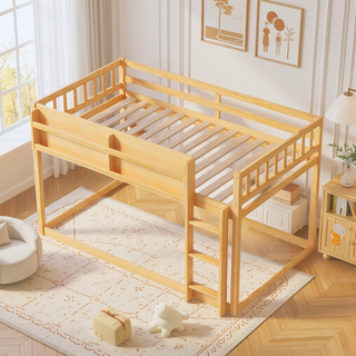 Sunvega Low Twin Over Twin Solid Wood Bunk Bed with Ladder for Kids & Juniors