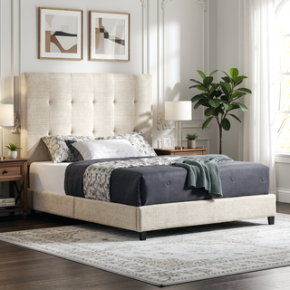 Sunvega Beige Upholstered Queen Size Platform Bed with Padded Headboard