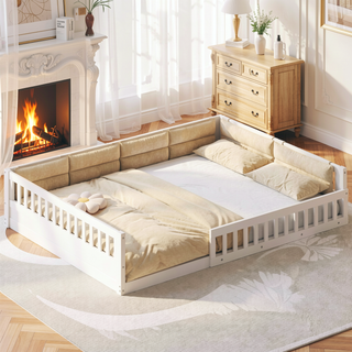 Sunvega Beige Full Size Upholstered Wood Platform Bed with Guardrail and Pillow