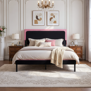 Sunvega Modern Upholstered Platform Bed Frame with Button Tufted Linen Headboard
