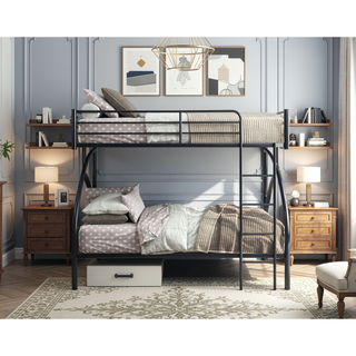Sunvega Gray Metal Twin/Full Bunk Bed with Guard Rails and Ladder