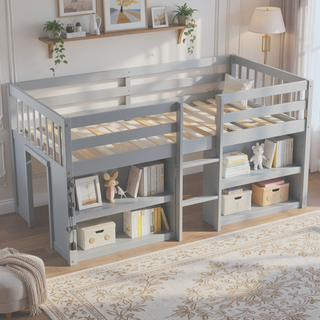 Sunvega Low Loft Bed With Two-Tier Shelves LED Light And Guardrail For Kids