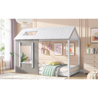 Sunvega Modern House Design Twin Size Platform Bed with Roof and Window