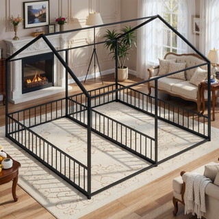 Sunvega Sturdy Metal Twin Size House Platform Beds with Guardrails