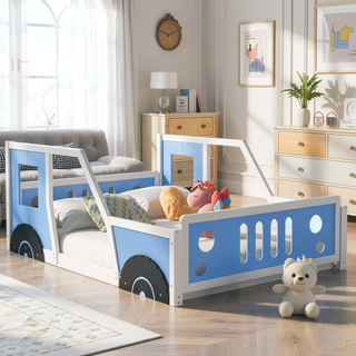 Sunvega Twin Size Blue Classic Car-Shaped Platform Bed with Wheels
