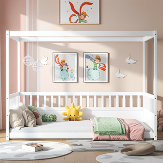Sunvega Full Size Canopy Floor Bed Frame with Guardrails for Kids Boys Girls