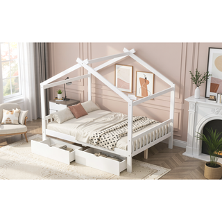 Sunvega Natural Wood Full Size House Platform Bed with Two Storage Drawers