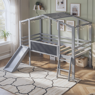 Sunvega Twin Size Loft Bed with Ladder Slide Blackboard and Light Strip