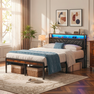 Sunvega Queen Size Metal Platform Bed Frame with Adjustable Upholstered Headboard and LED Lights