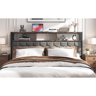 Sunvega Queen Bed Frame with Vintage Shelf Headboard and USB Charging Station