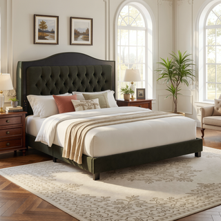 Sunvega Copper Beige Upholstered Queen Wingback Bed with Classic High Back Design