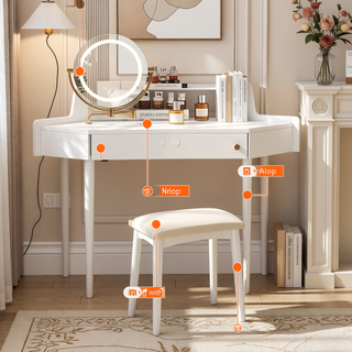 Sunvega Space-Saving Corner Makeup Vanity with Tri-Folding LED Mirror and Stool