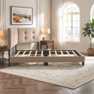 Sunvega Light Brown Velvet Upholstered Queen Platform Bed with Adjustable Height Headboard