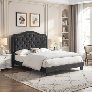 Sunvega King Size Upholstered Platform Bed with Button Tufted Linen Headboard