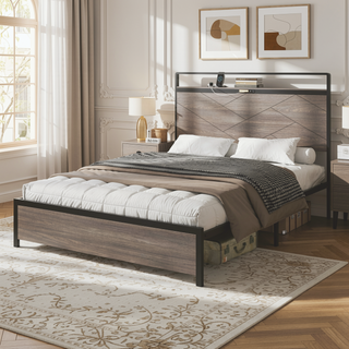 Sunvega Modern Wood and Metal Platform Bed Frame with LED Headboard USB Charging