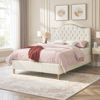 Sunvega Upholstered Queen Bed Frame with Tufted Headboard and Curved Design
