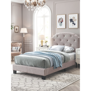 Sunvega European Style Light Brown Burlap Button Tufted Headboard with Support Legs