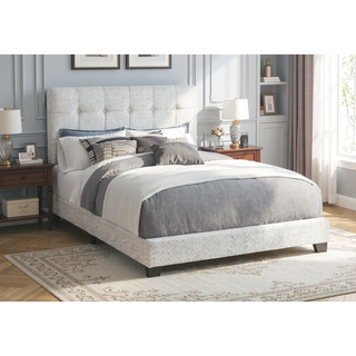 Sunvega Upholstered Full Size Bed Frame in Light Grey Boucle with Button-Tufted Headboard