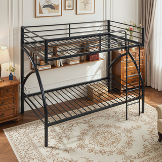 Sunvega Gray Metal Twin/Full Bunk Bed with Guard Rails and Ladder