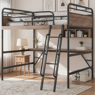 Sunvega Full Metal Loft Bed with Desk, LED Lights, Charging Station, and Safety Stairs