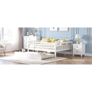 Sunvega Natural Twin Size Wood Daybed with Trundle and Fence Guardrails